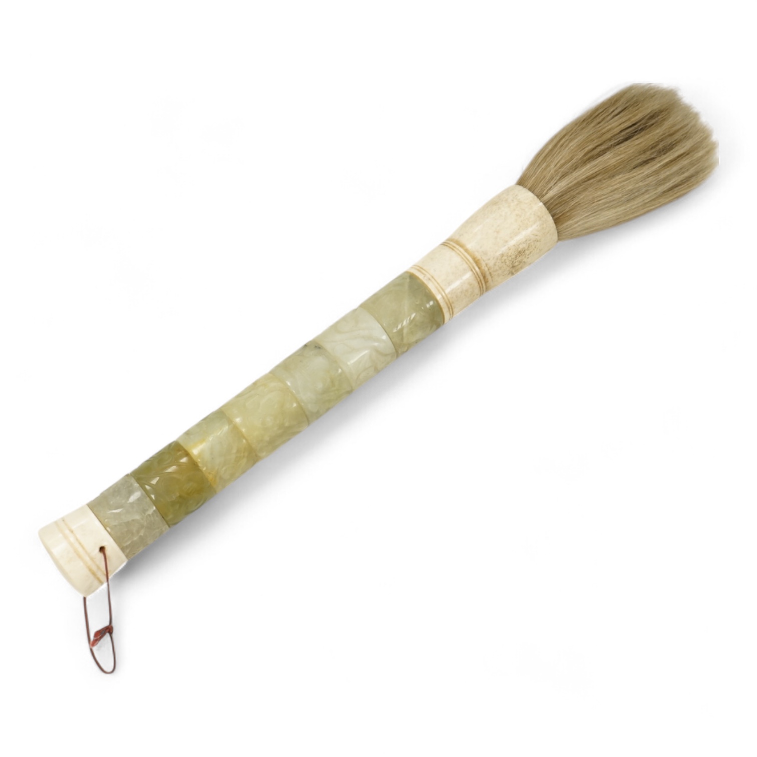 A carved jadeite and bone fly whisk, 39cm long